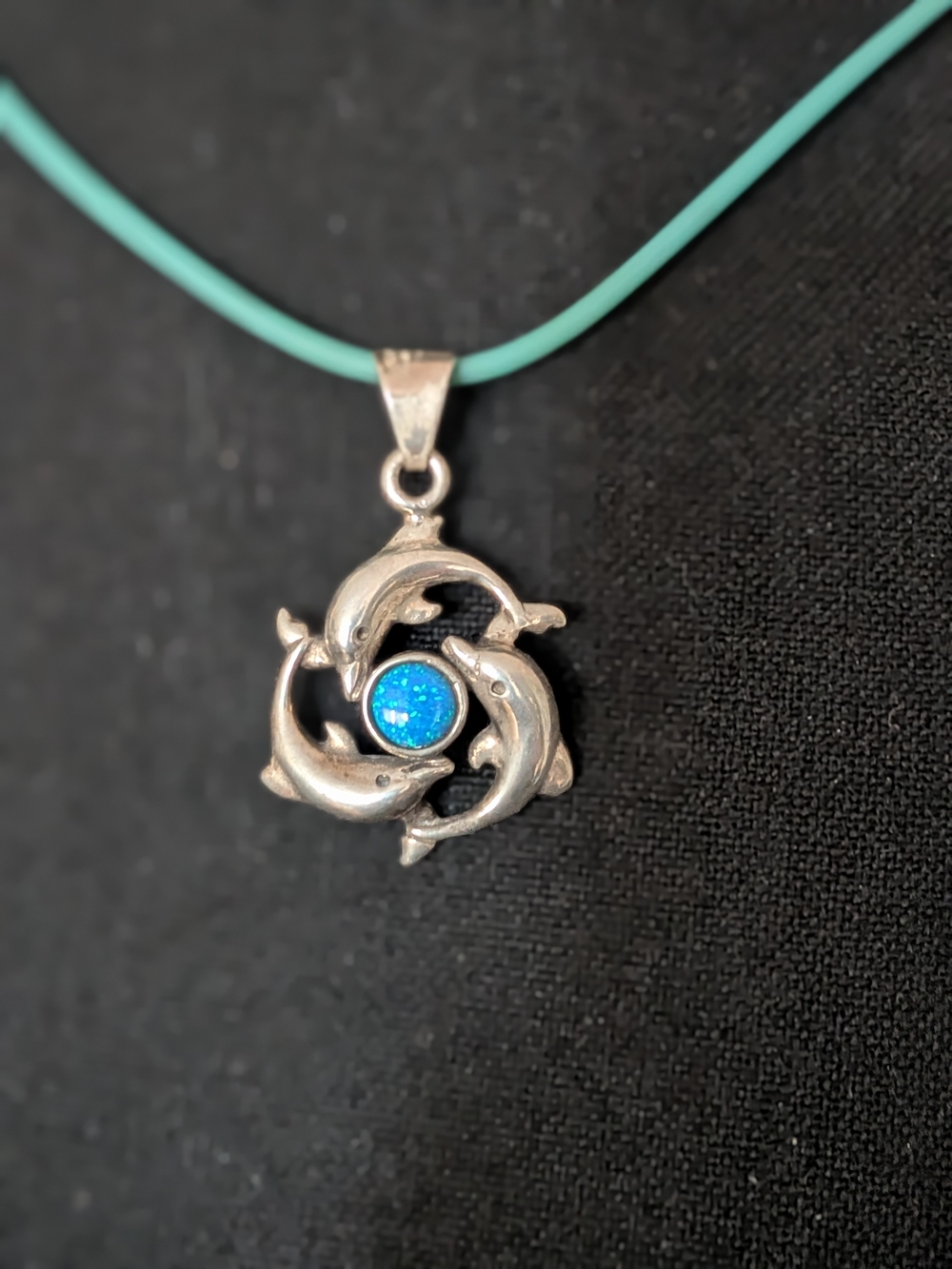 Vintage Sterling Blue Opal Dolphin Family Pendant Necklace - Y2K